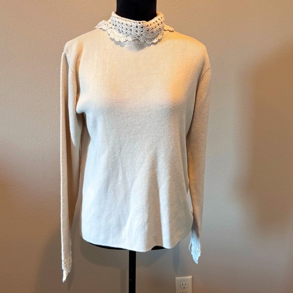 Soft Surroundings Cream Crochet Cowl Neck Sweater, Medium, Cottagecore Prairie - Picture 1 of 11